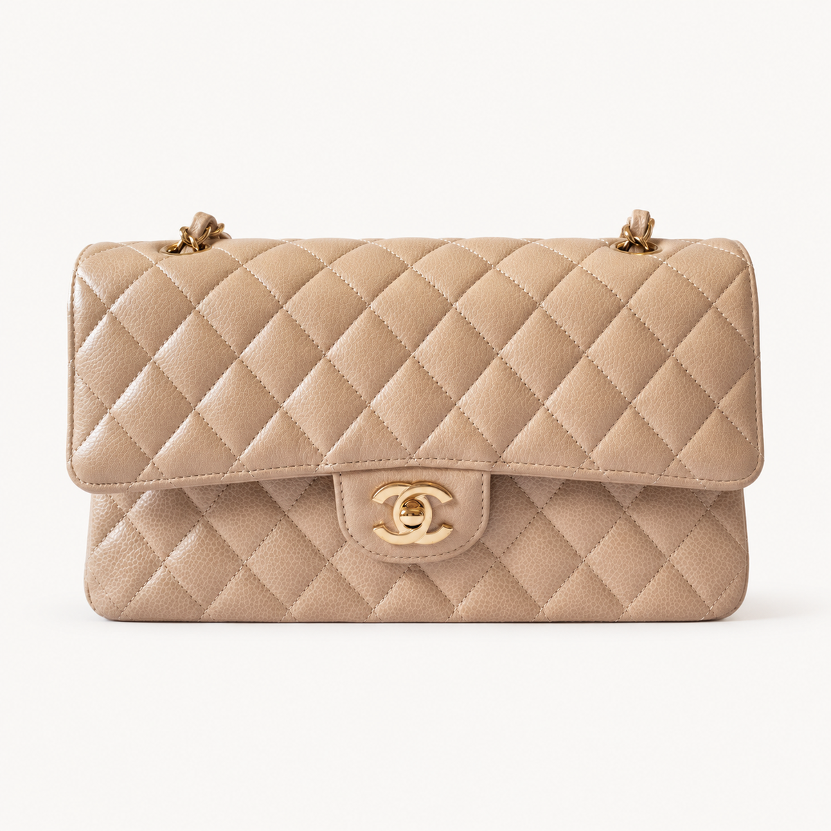 Chanel Classic Double Flap Medium Beige Clair with gold hardware, front view