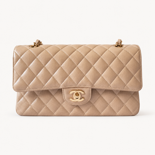 Chanel Classic Double Flap Medium Beige Clair with gold hardware, front view